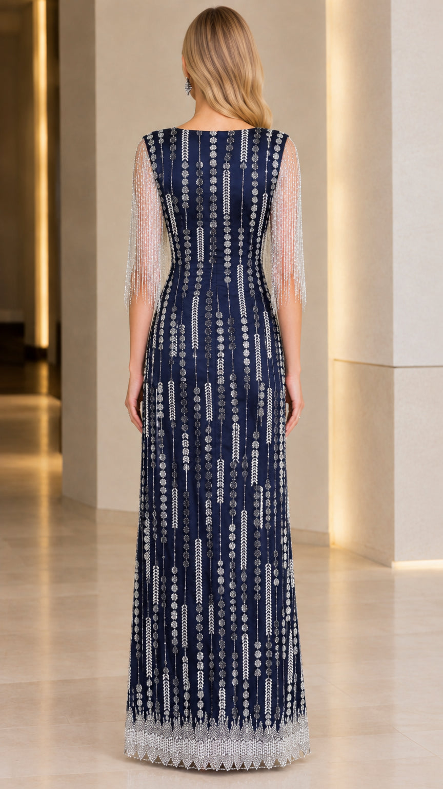 Back view of woman wearing navy blue embellished column evening gown with square backline