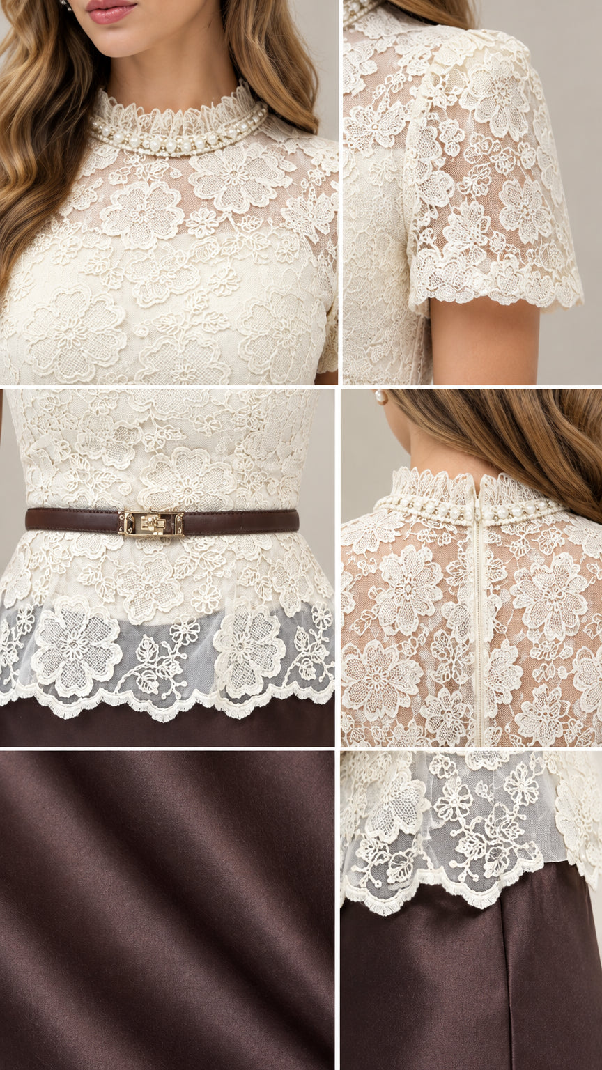 Close-up details of pearl mock neckline, floral lace texture, waist belt, and satin fabric