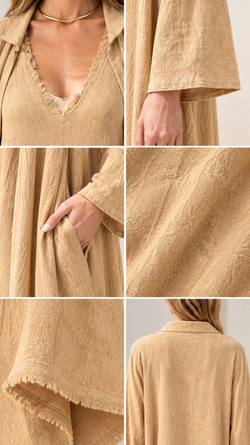 Close-up details of frayed V-neckline, side pocket, sleeve, and crinkle fabric texture in Sand Beige