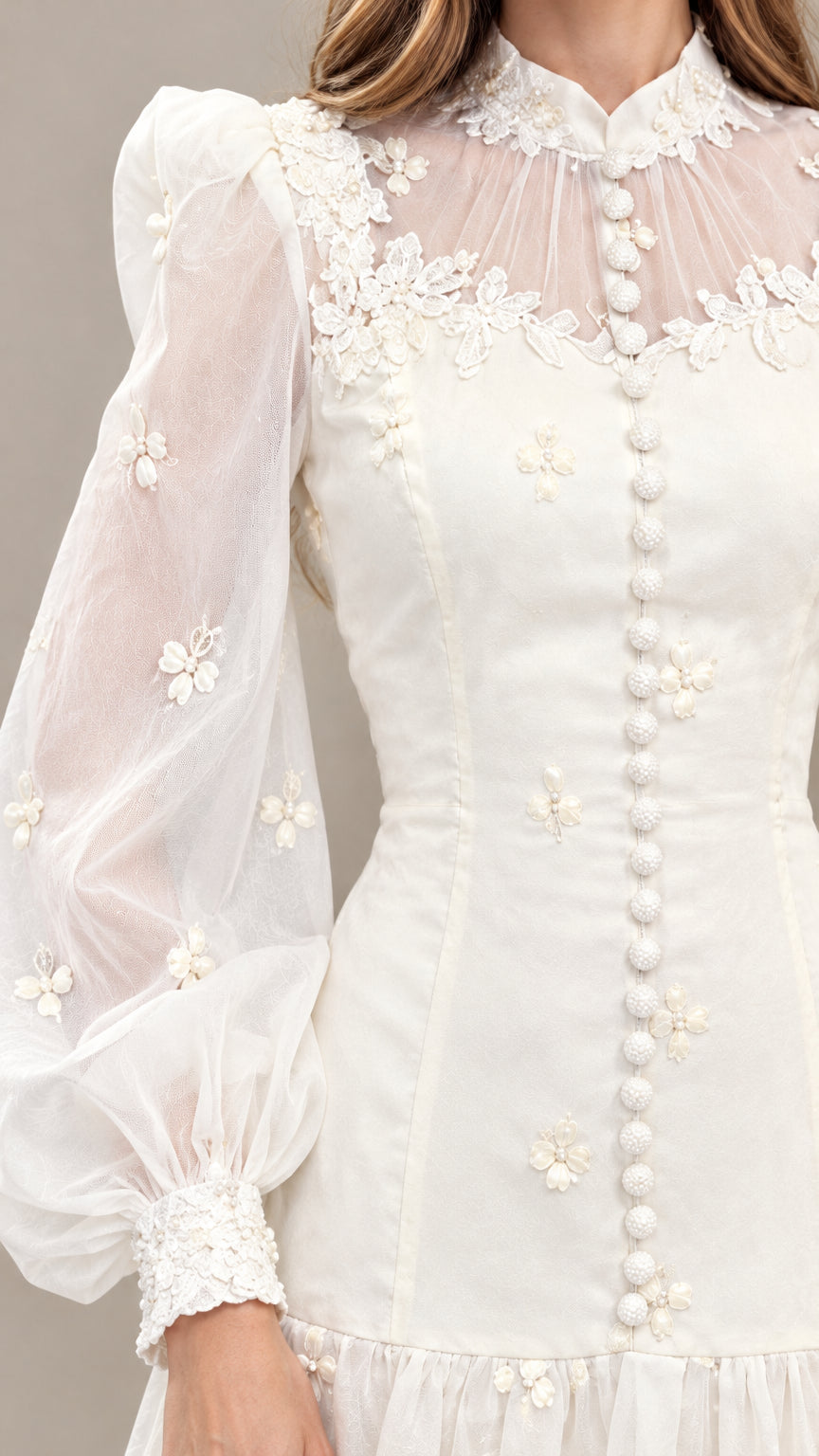 Close-up detail of lace neckline, decorative buttons, and sheer bishop sleeve on ivory gown