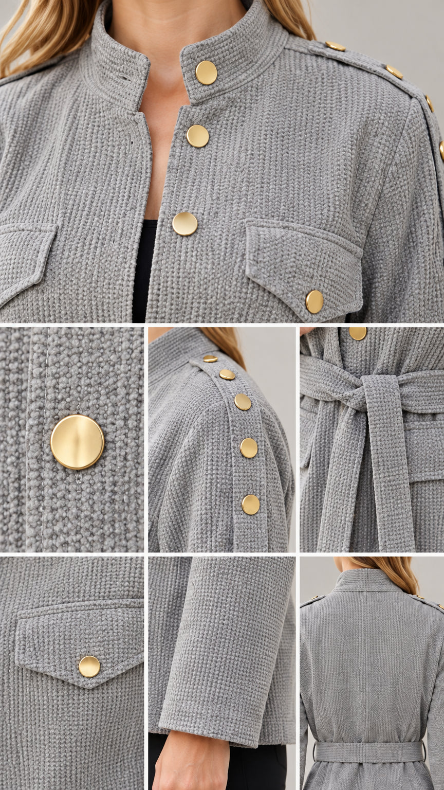 Close-up details of grey waffle-knit fabric, gold-tone metallic buttons, and pocket stitching