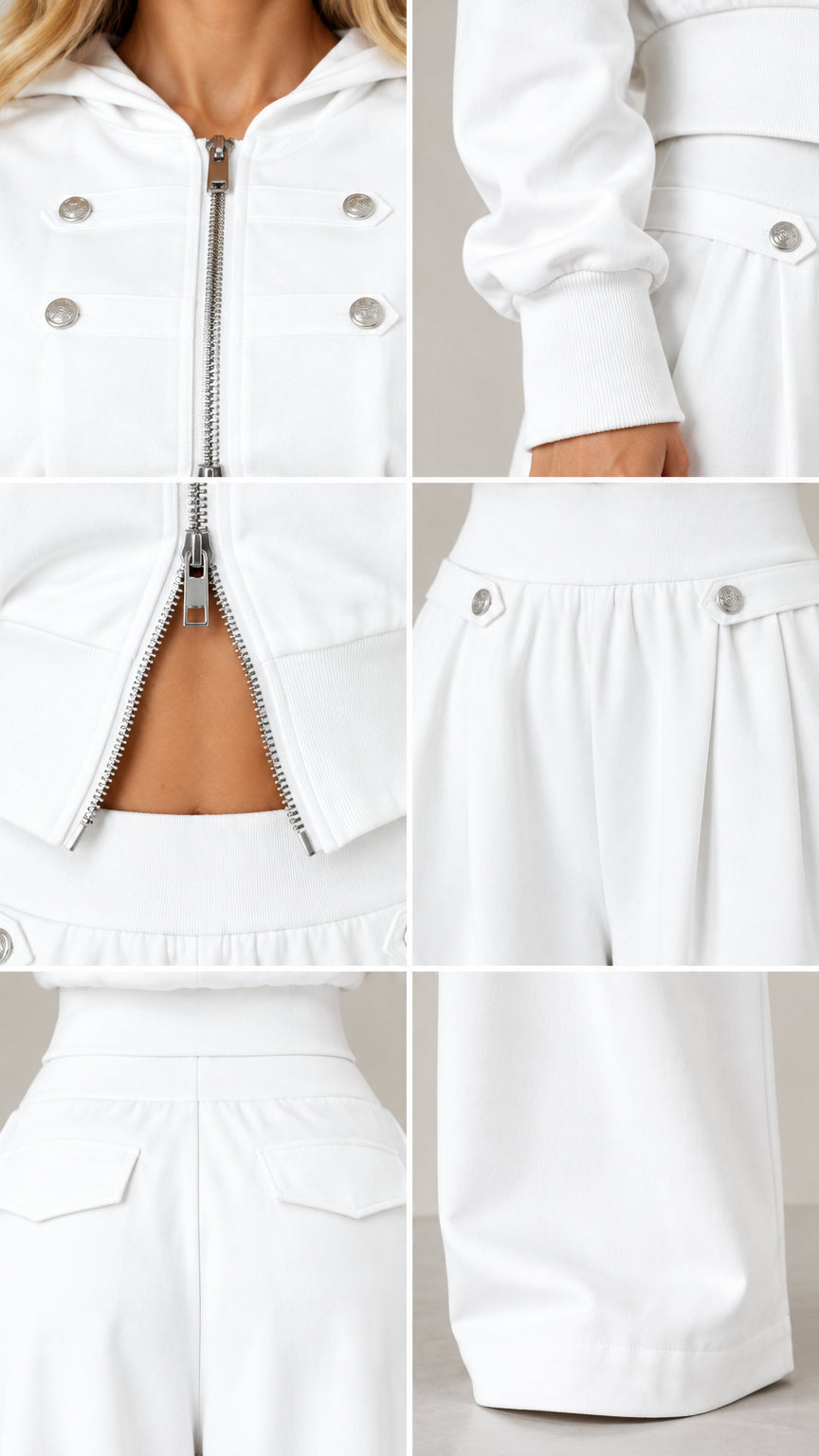 Close-up details of metallic buttons, zipper, and pleated waistband on white set