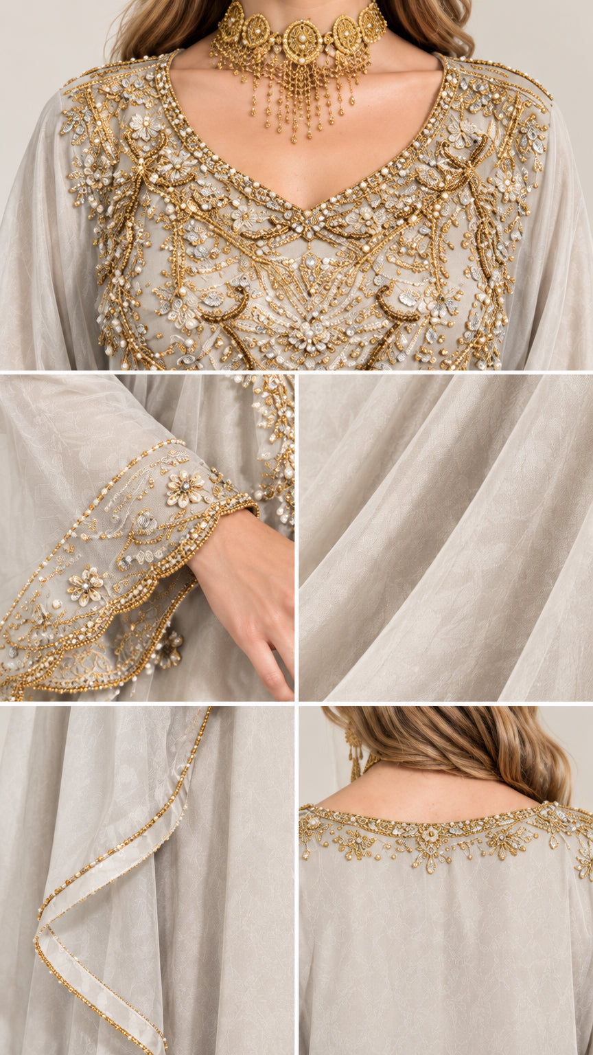 Close-up details of intricate gold embroidery, beading, and cuff trims on kaftan dress