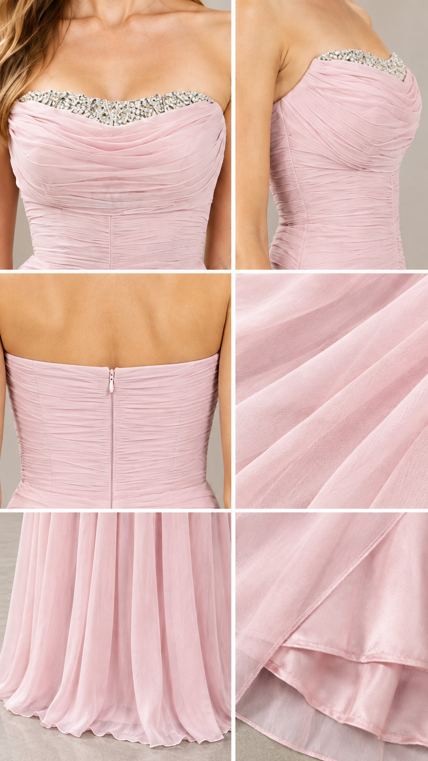 Close-up details of the beaded neckline, pleated bodice, and chiffon hemline