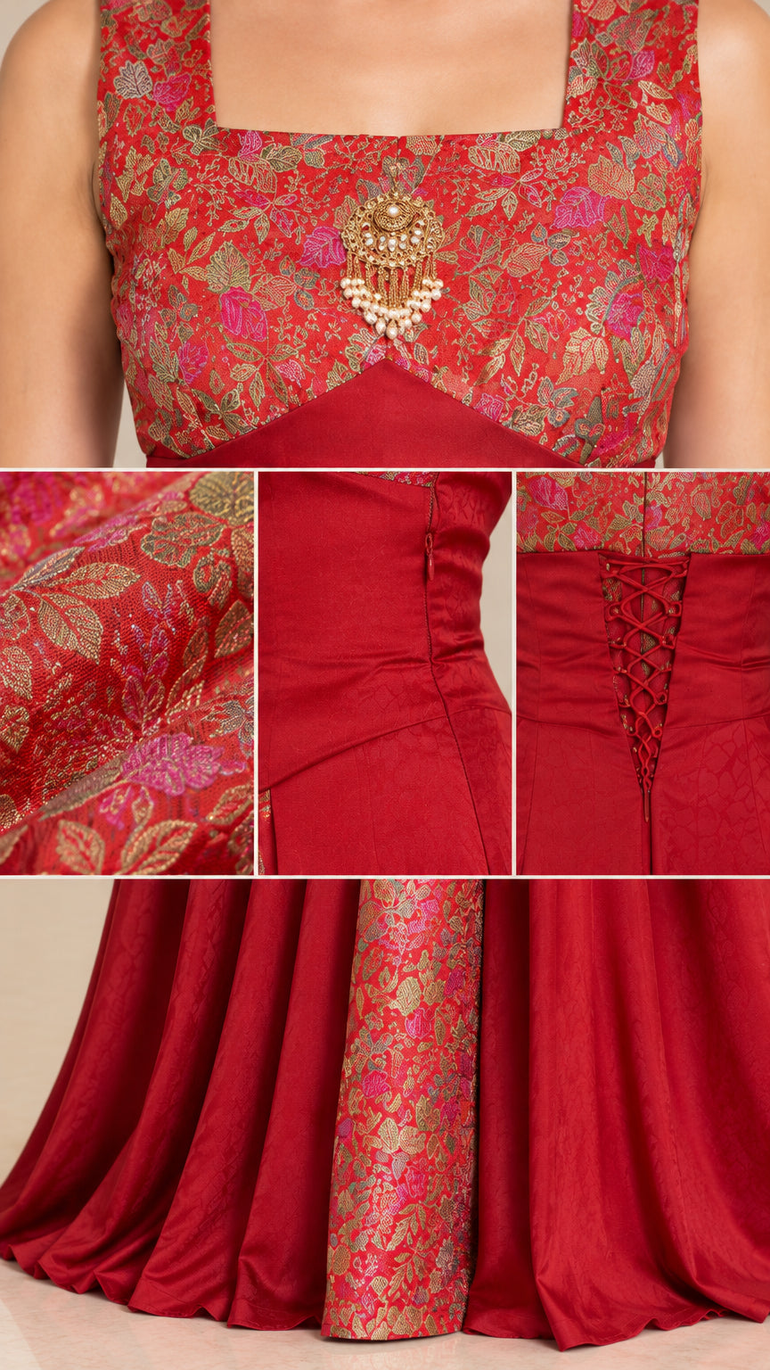 Close-up details of floral brocade bodice, waist seams, and lace-up back