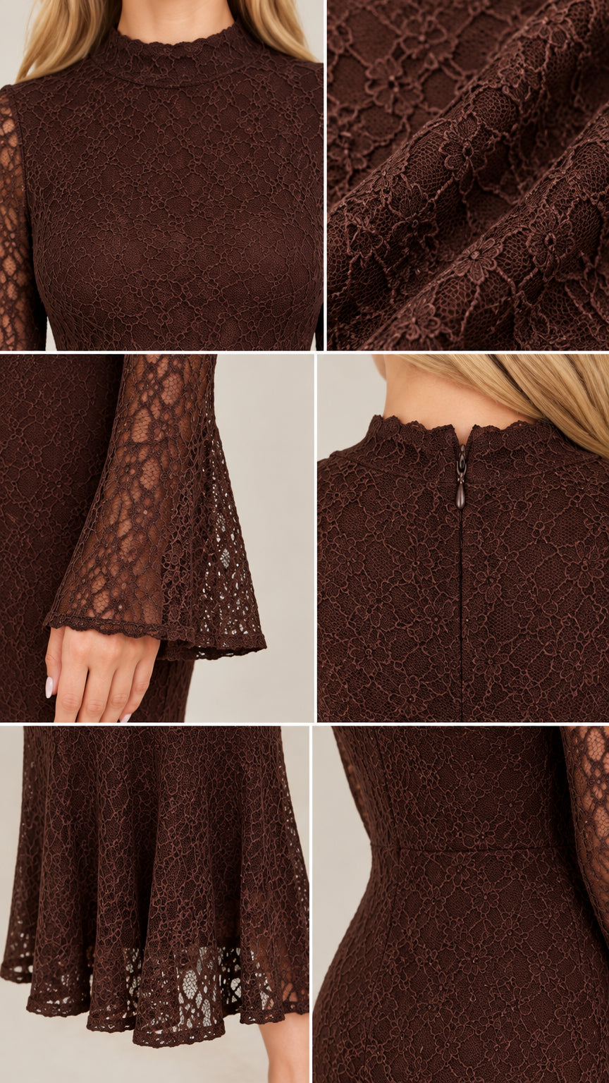 Detailed close-up collage of chocolate brown lace fabric, mock neck, flare sleeve cuff, and zipper