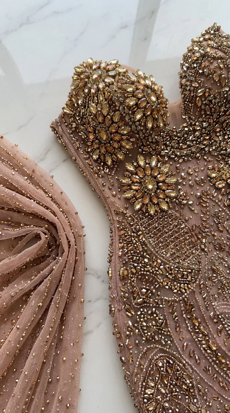 Close-up detail of crystal and rhinestone beadwork on sweetheart bodice