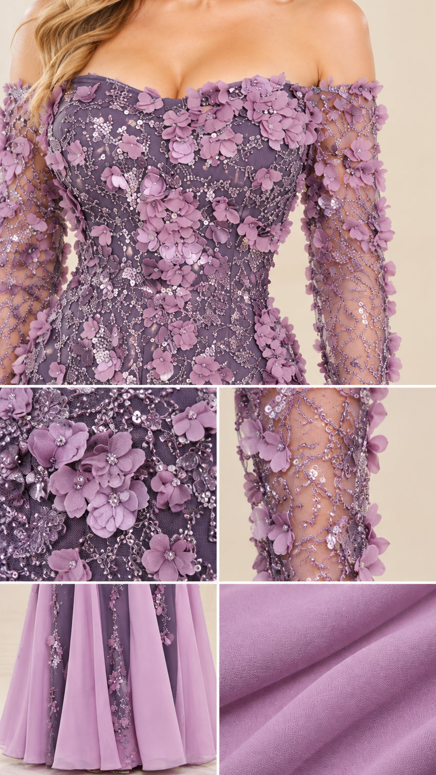 Detailed close-ups of 3D floral appliqués, sequin embroidery, and pleated skirt fabric