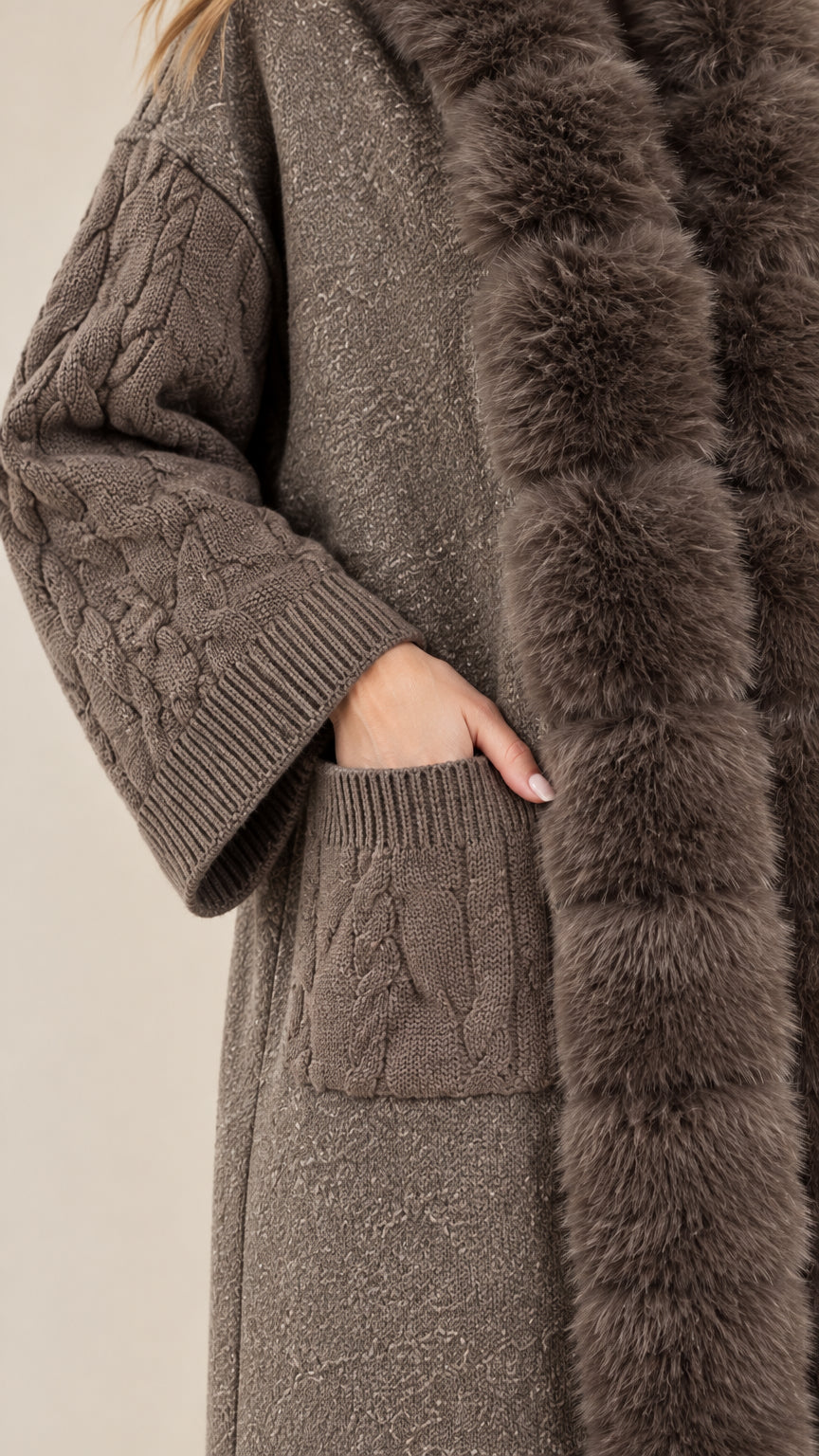 Close up of cable knit pocket and plush faux fur trim on taupe cardigan