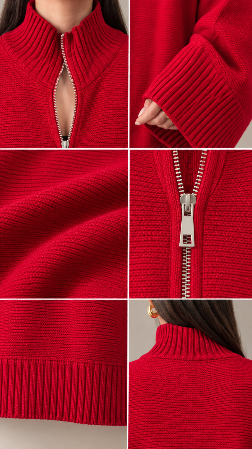 Detail view of red knit fabric, zipper pull, mock collar, and ribbed cuffs