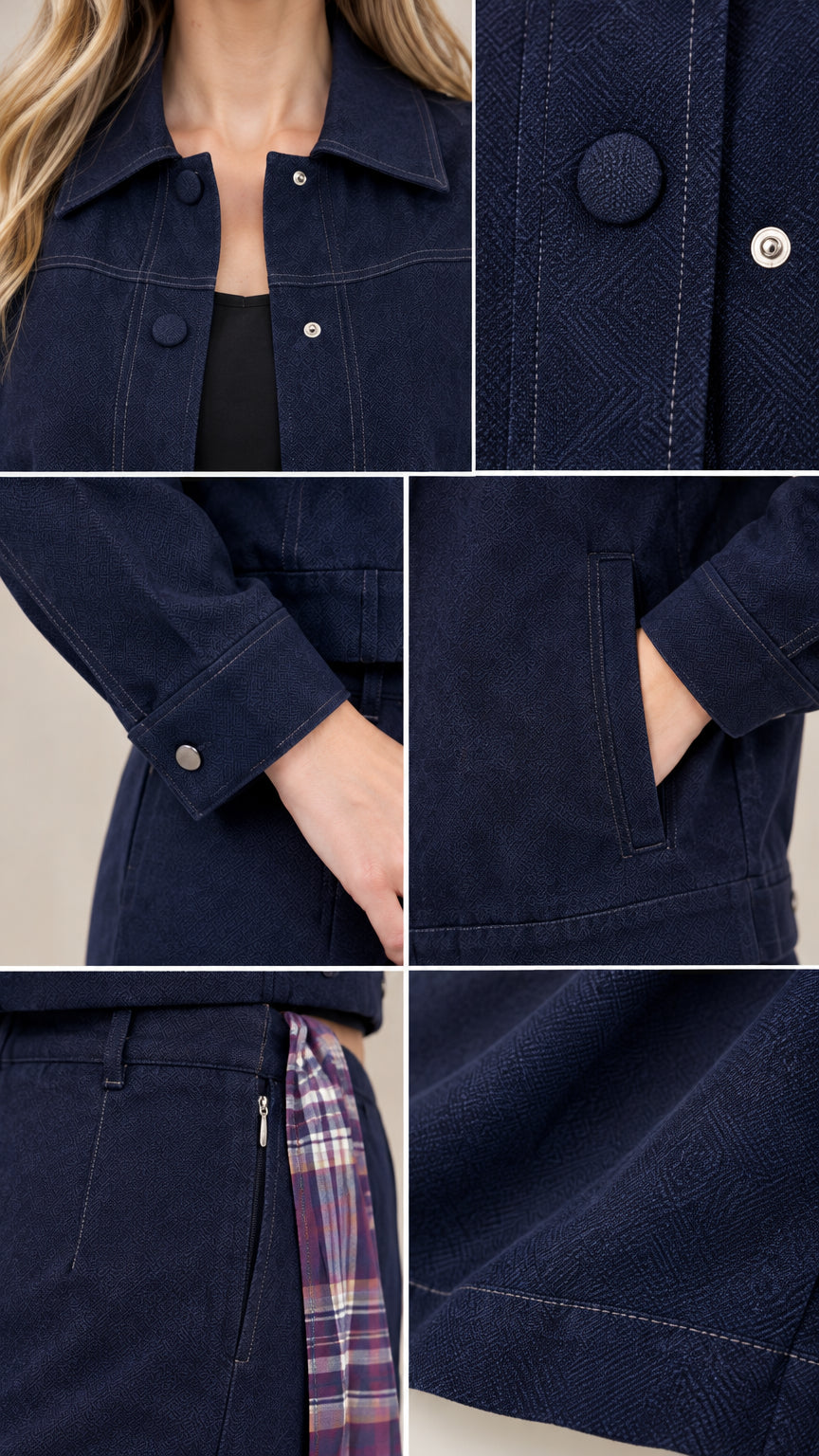 Close-up details of collar, snap buttons, cuff, side pockets, and textured fabric weave on navy set