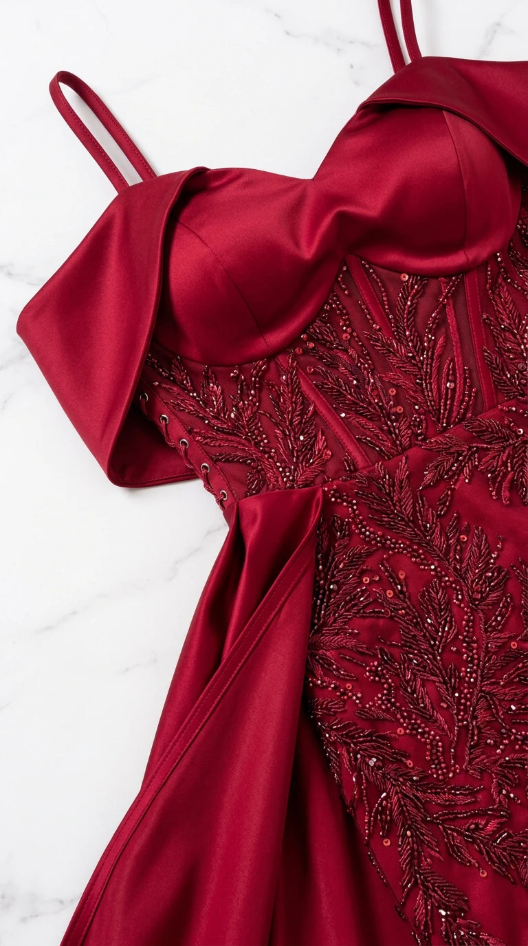 Close-up detail shot of the beaded embroidery and draped sweetheart bodice in Wine Red