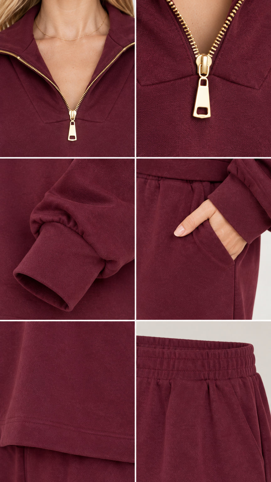 Close-up details of gold zipper, ribbed sleeve cuff, and side pocket on burgundy tracksuit