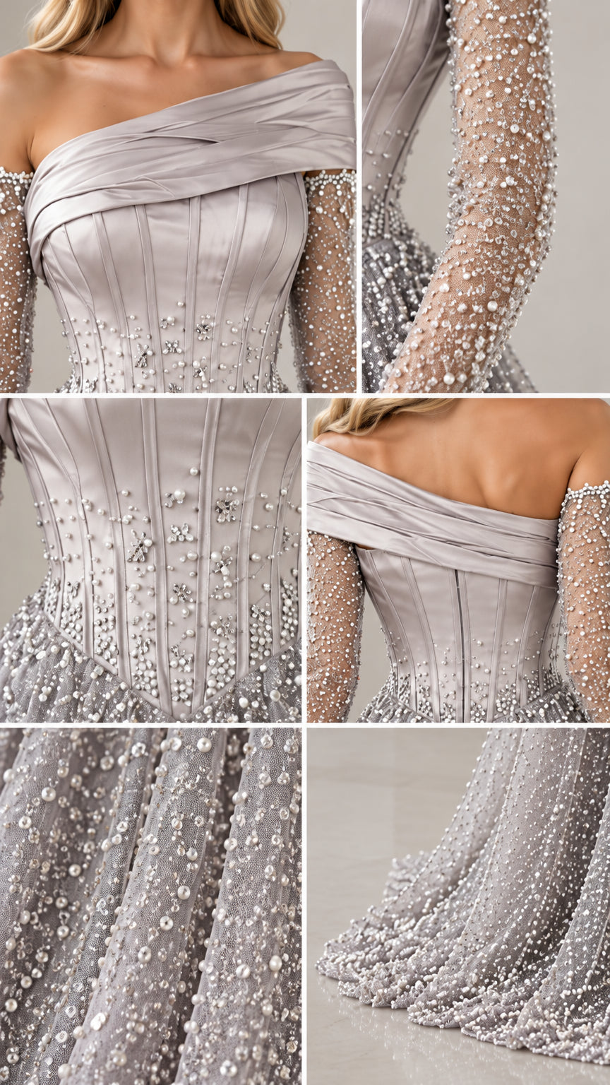 Close-up details of draped neckline, corset boning, and pearl beadwork