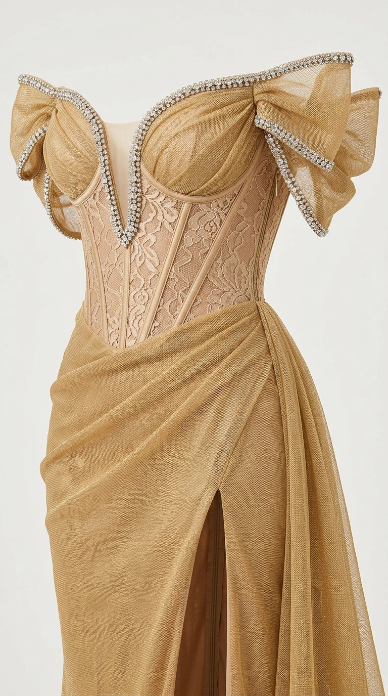 Close-up detail of structured corset bodice with crystal rhinestone boning