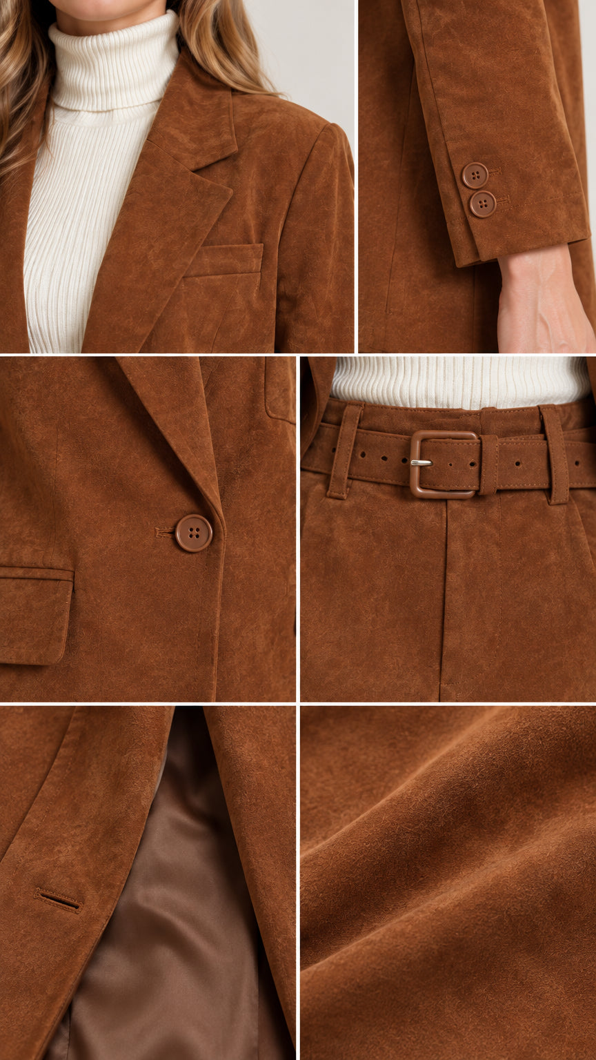 Close-up details of corduroy blazer lapel, sleeve buttons, single button closure, belt, and lining