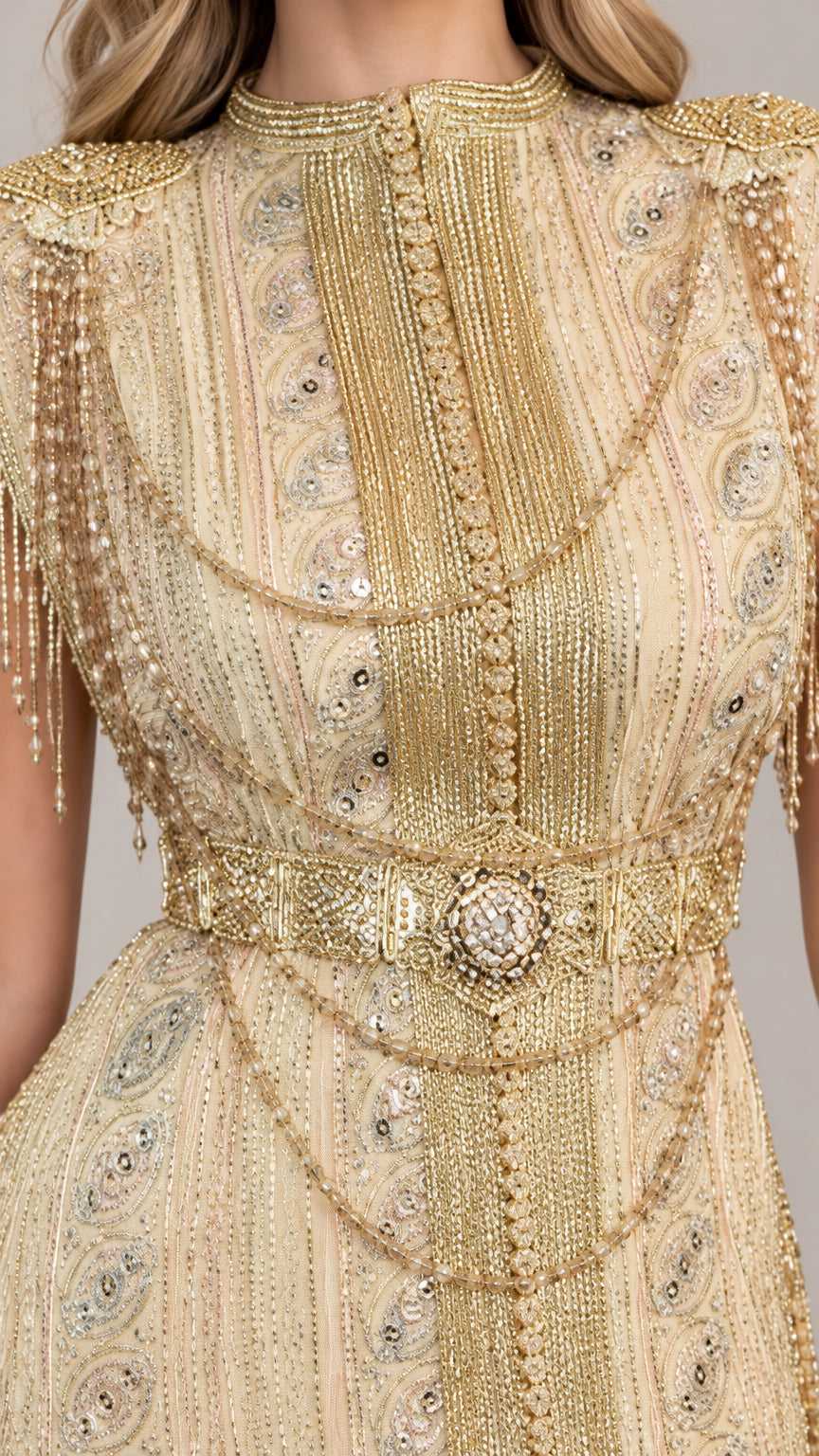 Close-up detail of Champagne Gold beaded neckline, shoulder fringe tassels, and waist embellishment