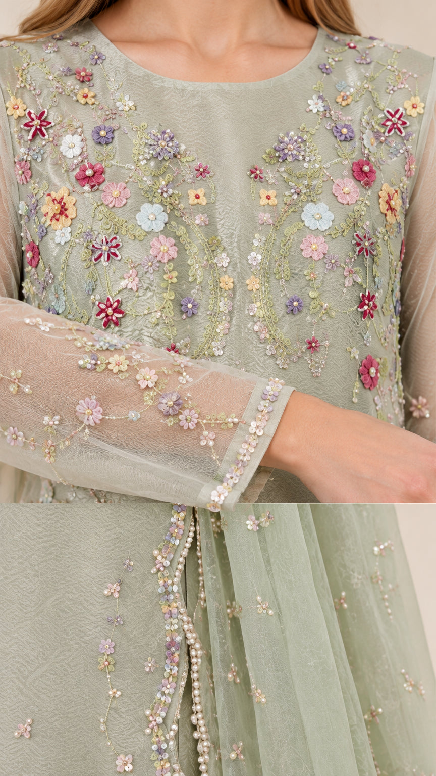 Close up view of intricate floral embroidery, beading, and scalloped trim on tunic neckline and sleeve