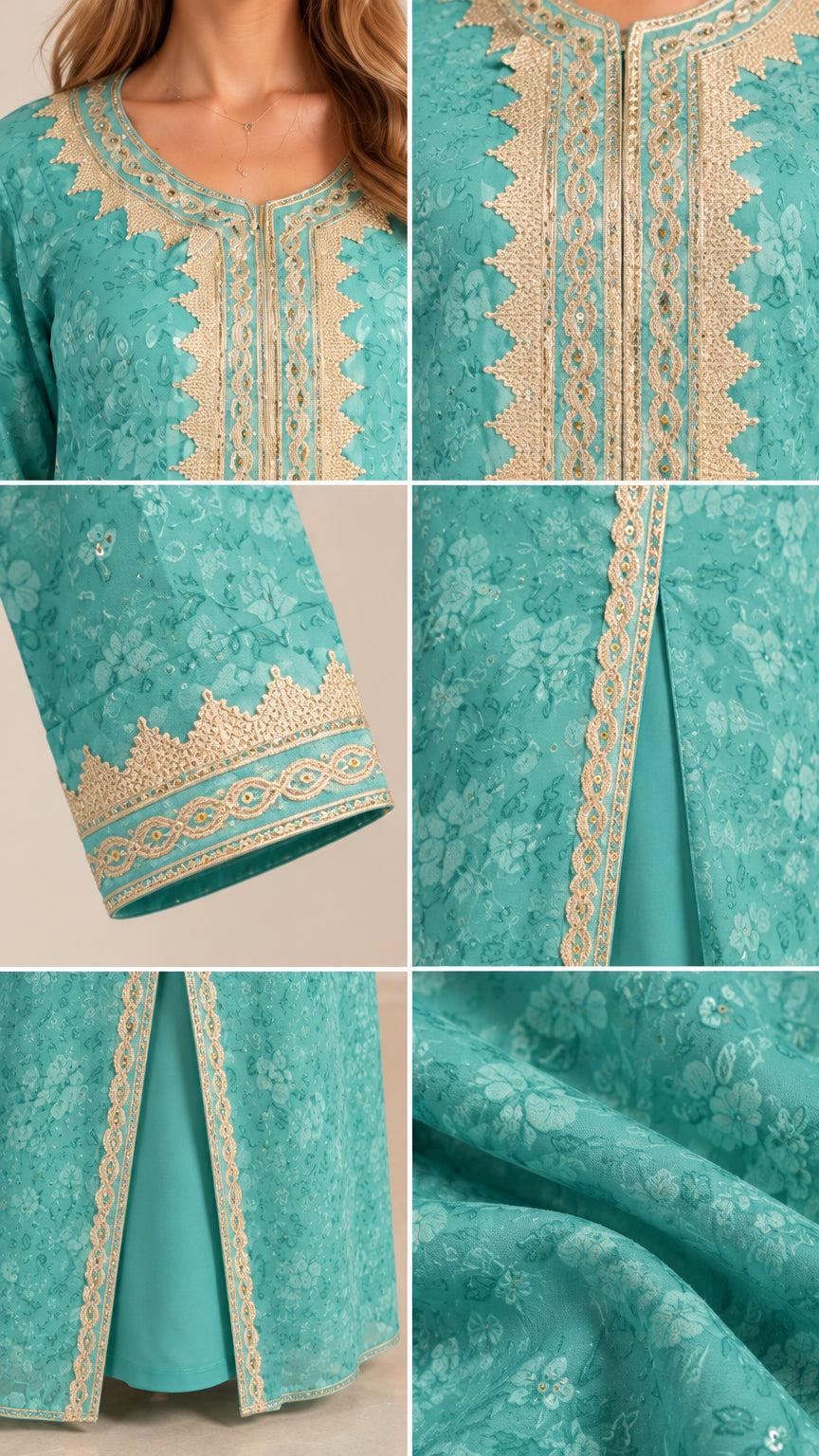 Close-up details of turquoise jacquard fabric, gold embroidery, and layered hem slit