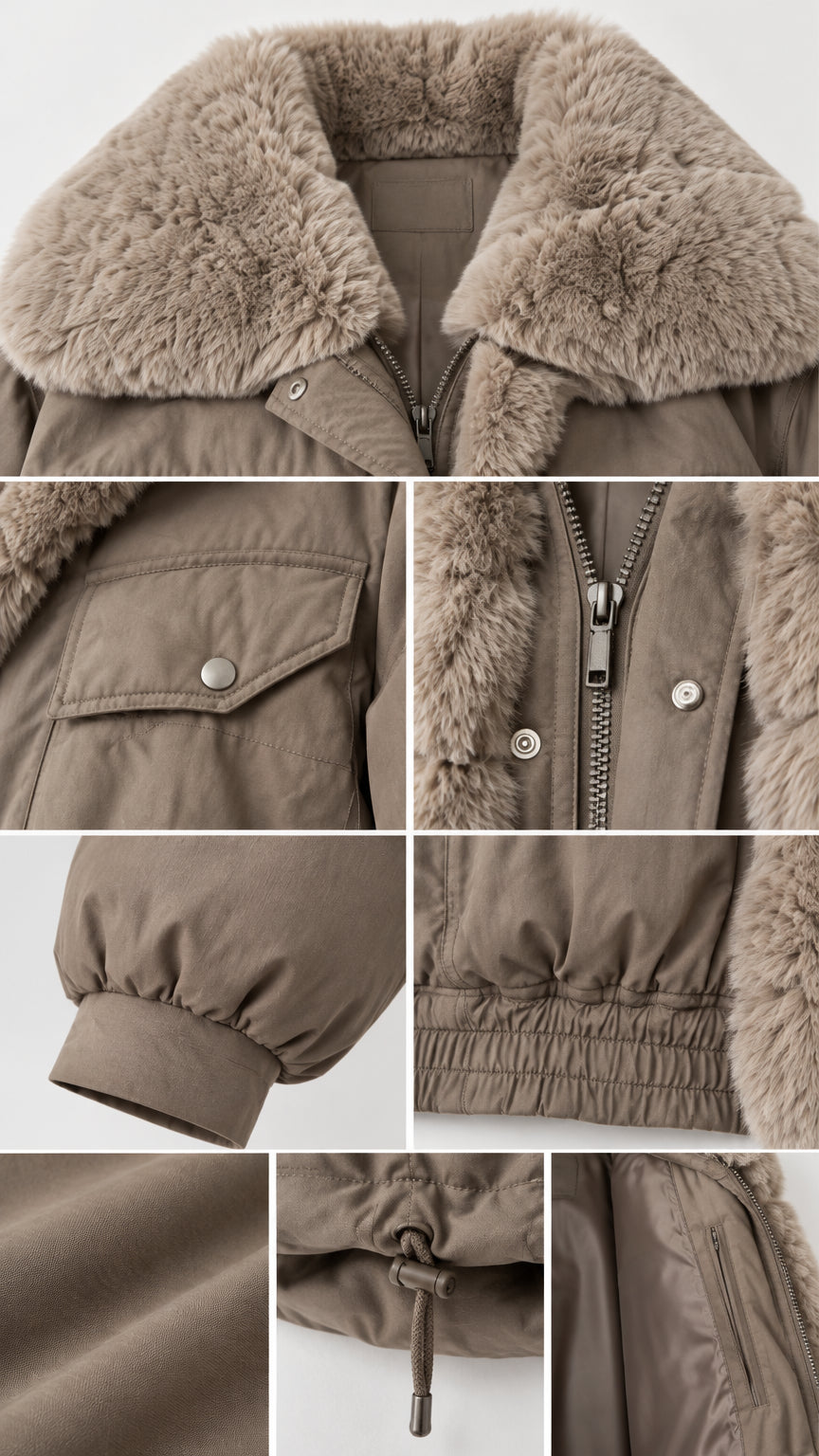 Close-up details of faux fur collar, zipper closure, snap flap pockets, and elastic cuffs