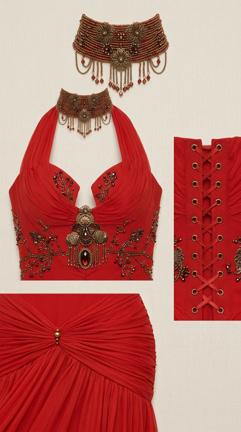 Close-up detail collage showing beaded choker neckline, corset bodice, lace-up back, and draped waist brooch