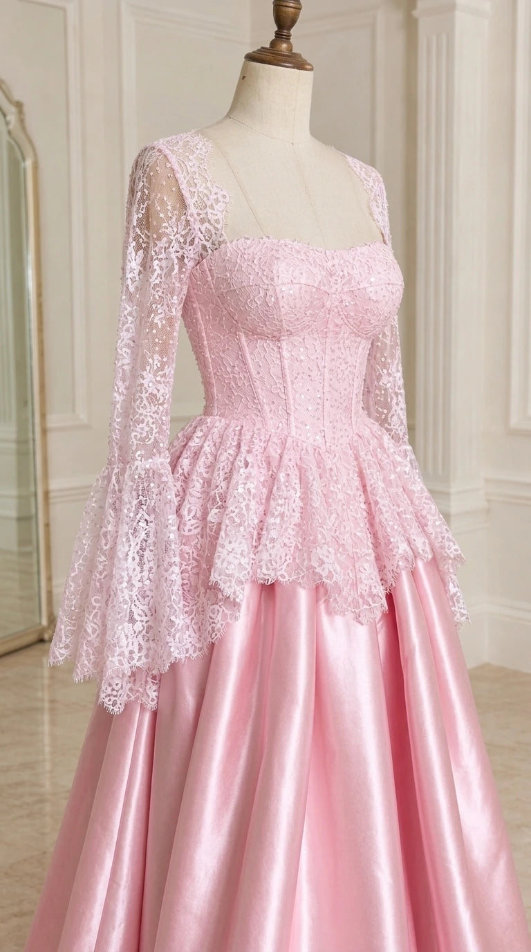 Detailed mannequin display of pink floral lace corset bodice and bell sleeves