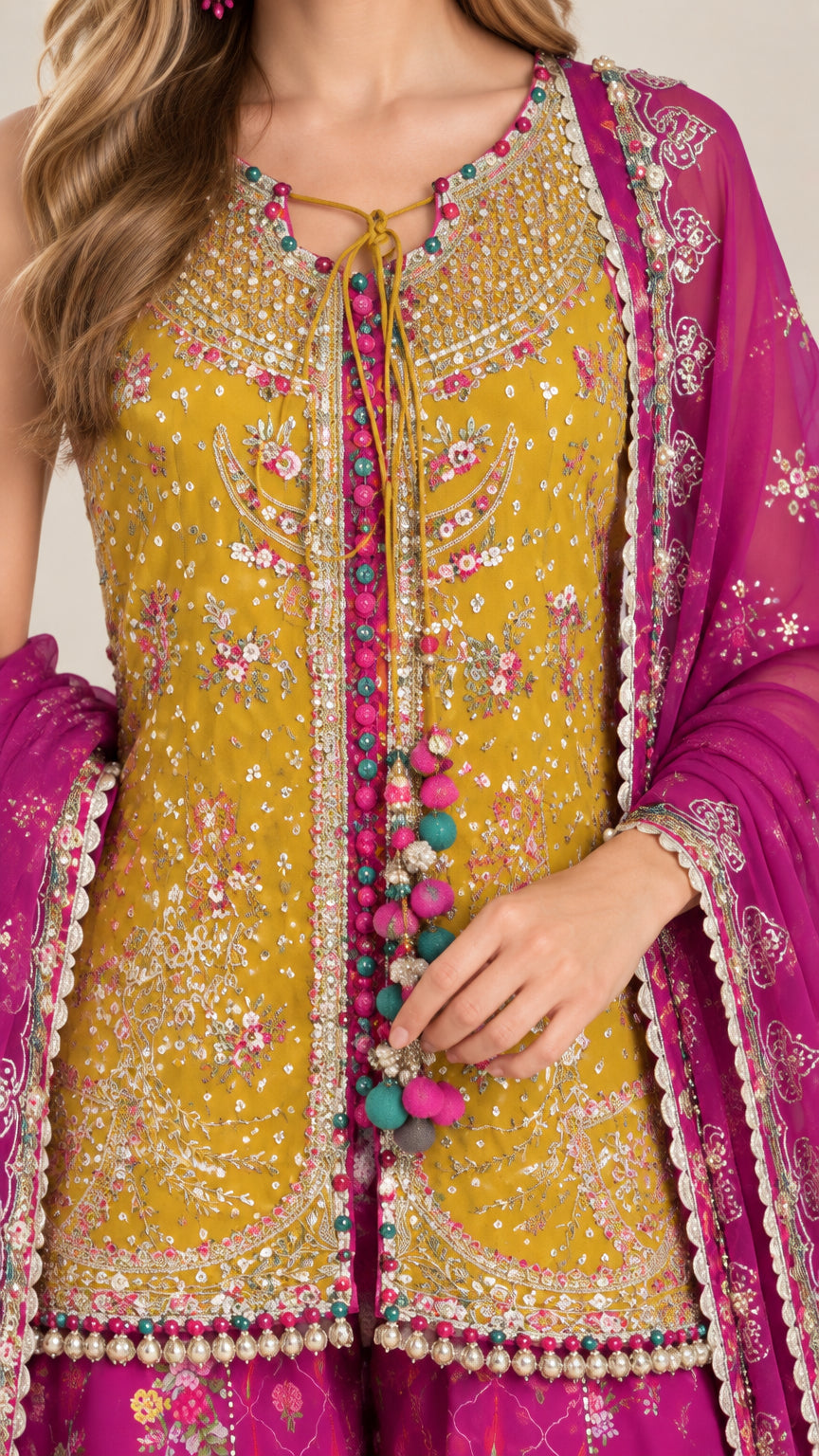 Close-up detail of embellished neckline, tassel tie, and floral embroidery on tunic