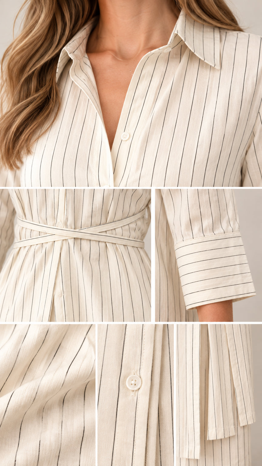 Close-up details of collar, waist tie, cuff, and button placket on Cream striped fabric