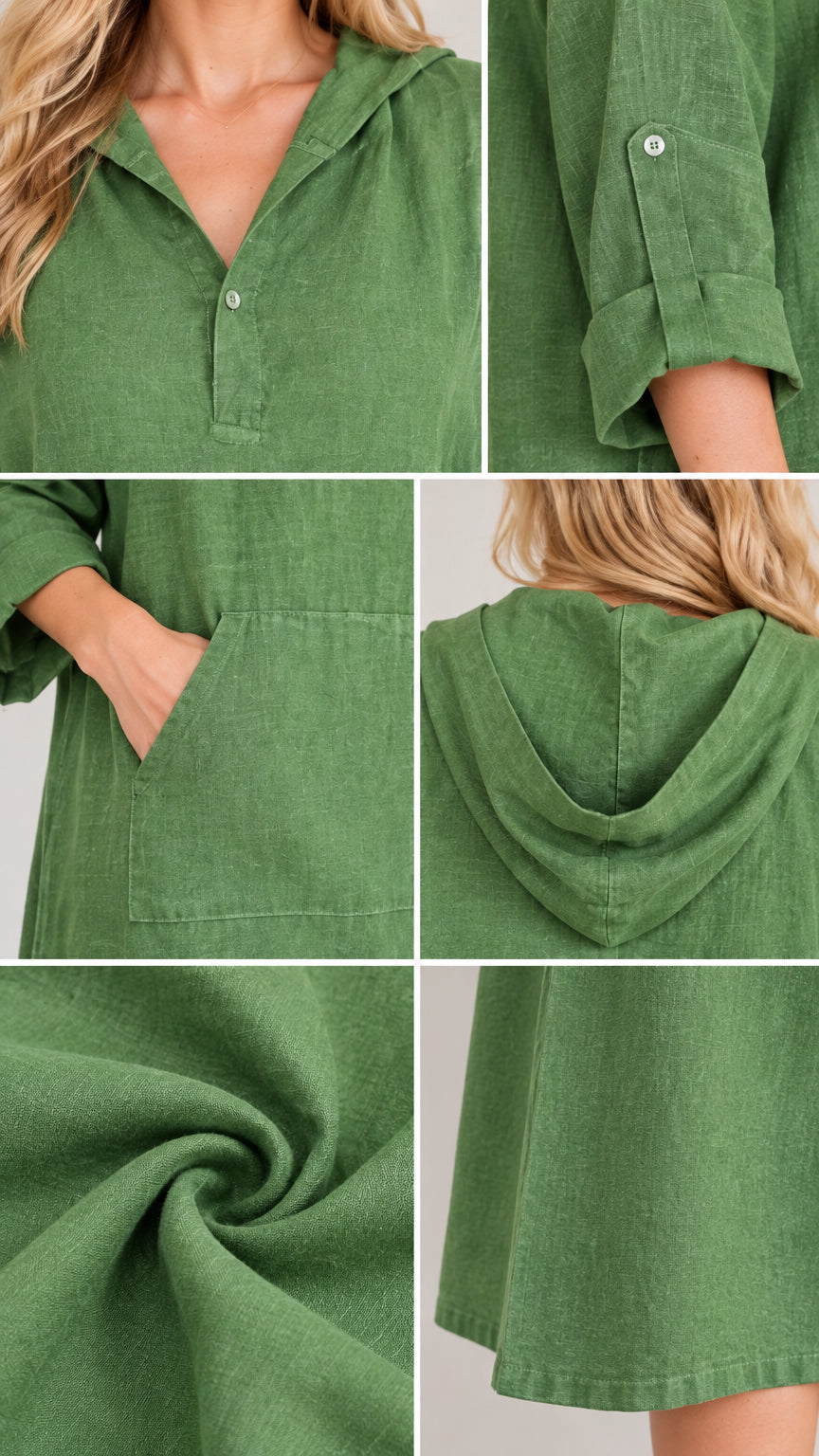 Close-up details of hooded neckline, roll-tab sleeve, pocket, and fabric texture