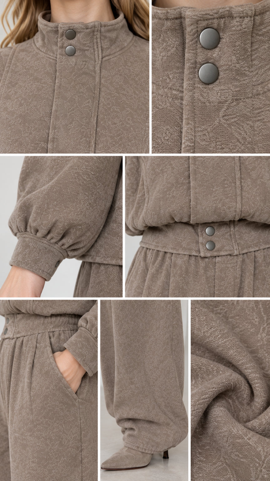 Close-up details of snap button mock neck, cuffed sleeves, and pocket texture