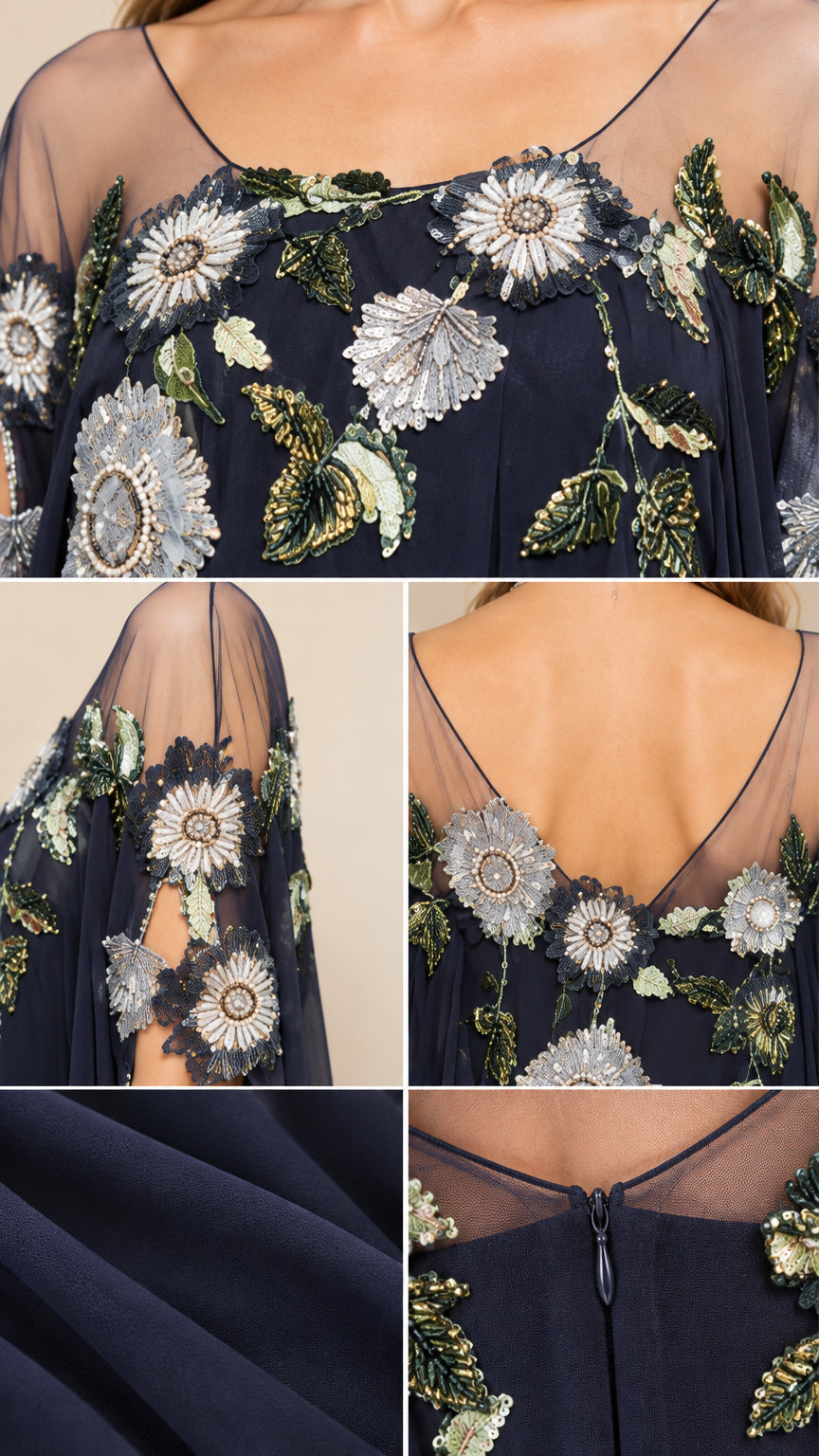 Close-up details of floral embroidery, sheer mesh neckline, and concealed back zipper