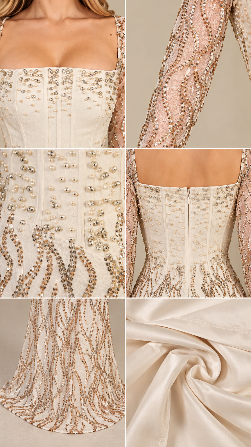 Detail composite of corset boning, sequin sleeves, zipper, and lining