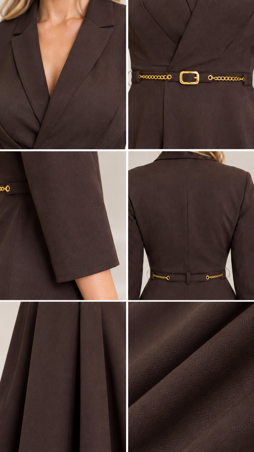 Close-up details of collar, belt buckle, cuff, back tailoring, and fabric texture