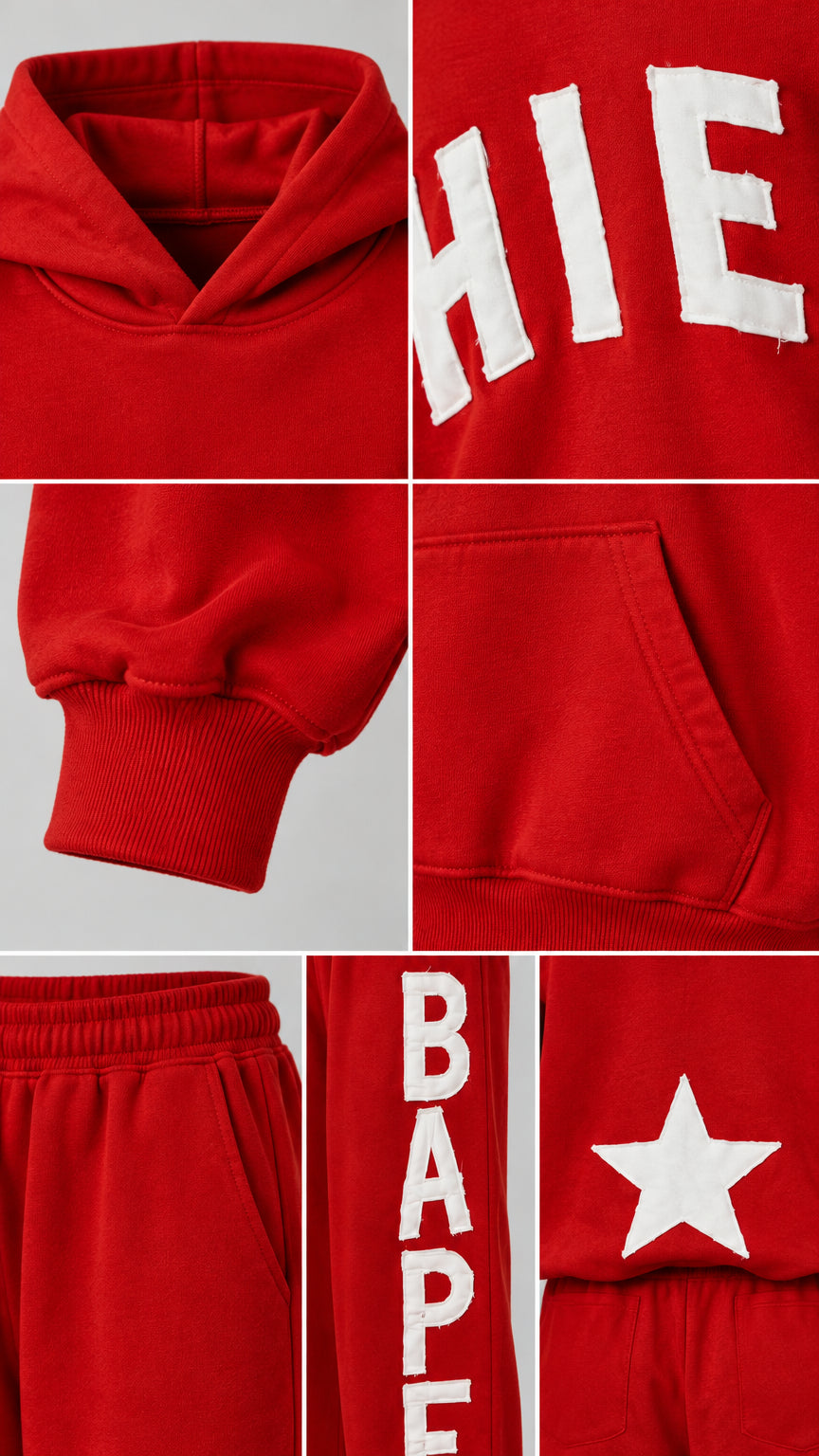 Close-up details of the red hoodie neckline, ribbed cuffs, kangaroo pocket, and graphic print