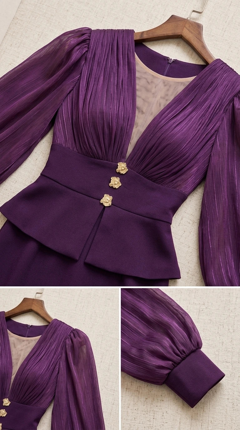 Close-up detail of purple pleated bodice, modesty mesh neckline, and gold buttons
