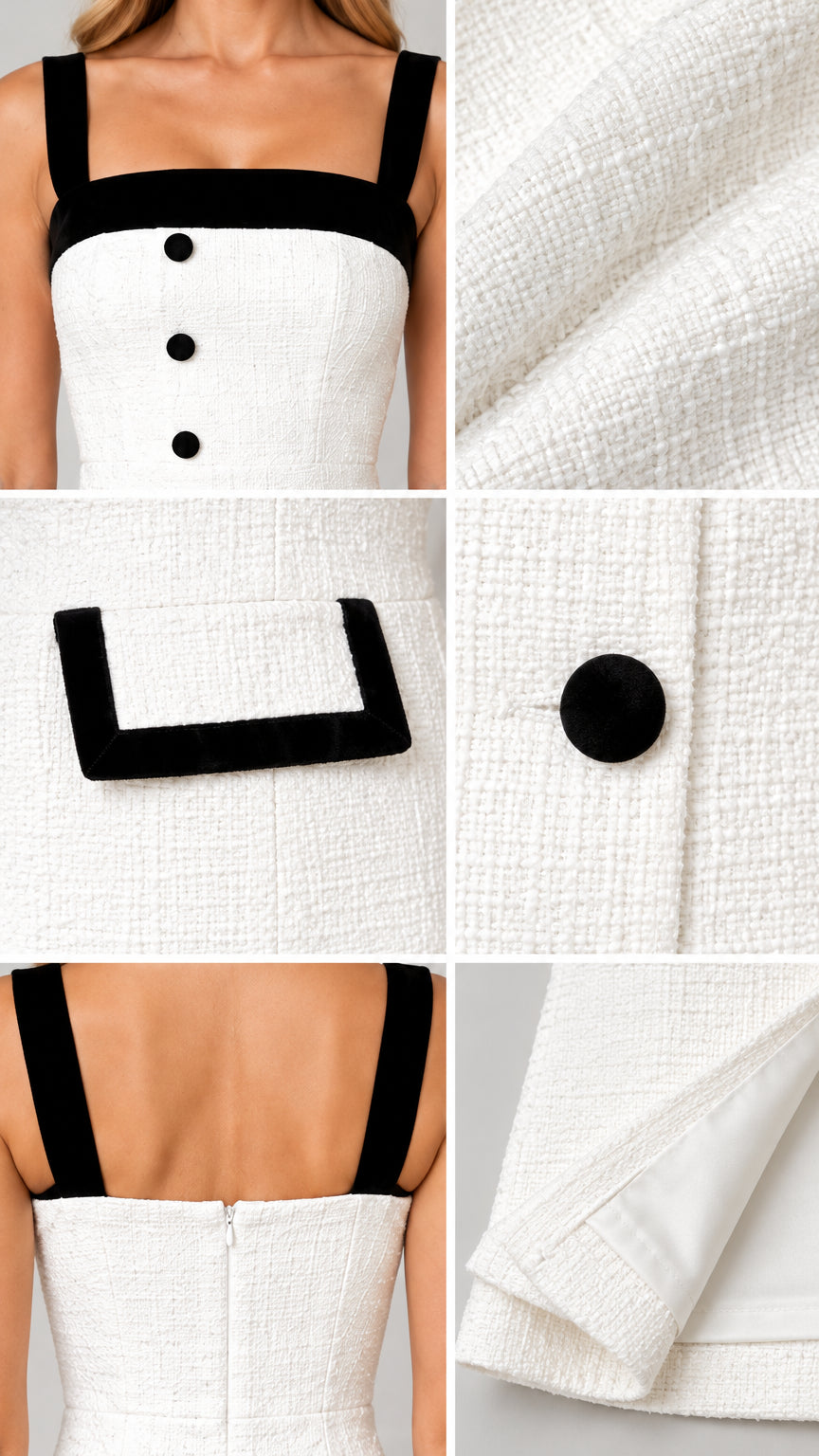 Close-up details of textured tweed fabric, buttons, and contrast pocket trim