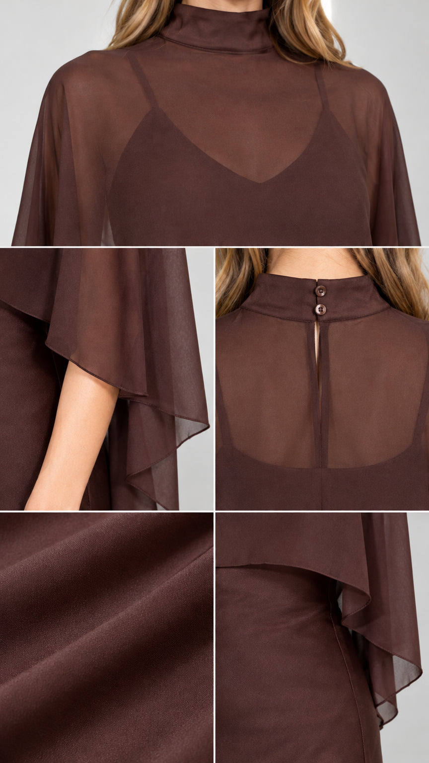 Close-up details of the sheer mock neck, capelet sleeve, and button back closure
