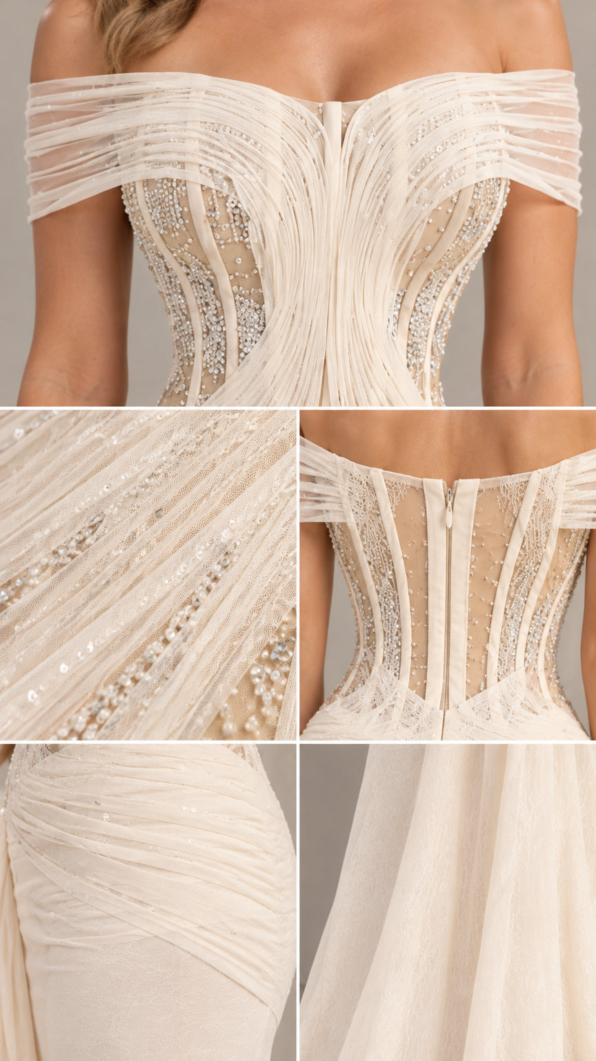 Close-up details of beaded sheer corset bodice and draped sleeves