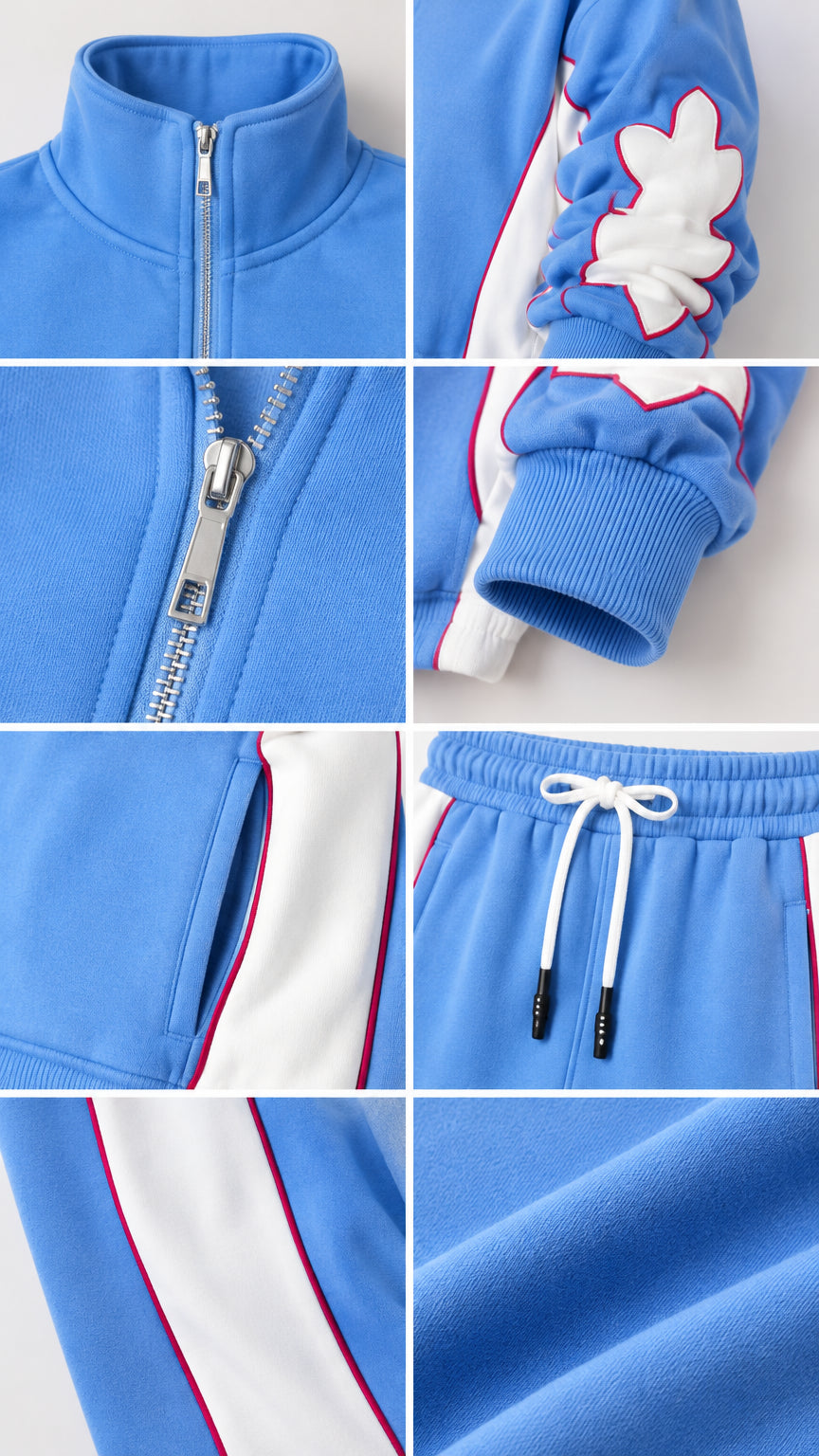Close-up details of track jacket zipper, sleeve applique, pockets, and knit fabric