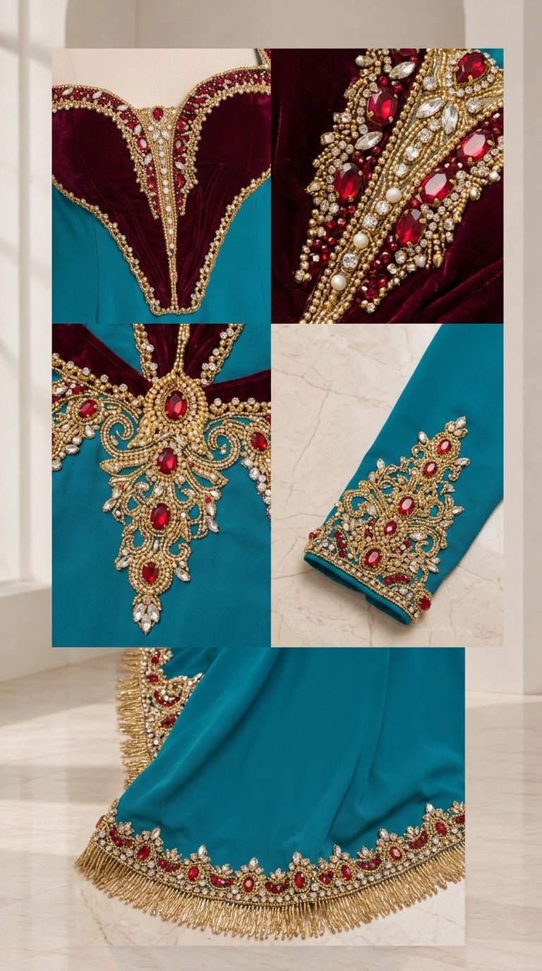 Close-up detail of ornate beadwork, red crystals, velvet panel, and fringed hemline
