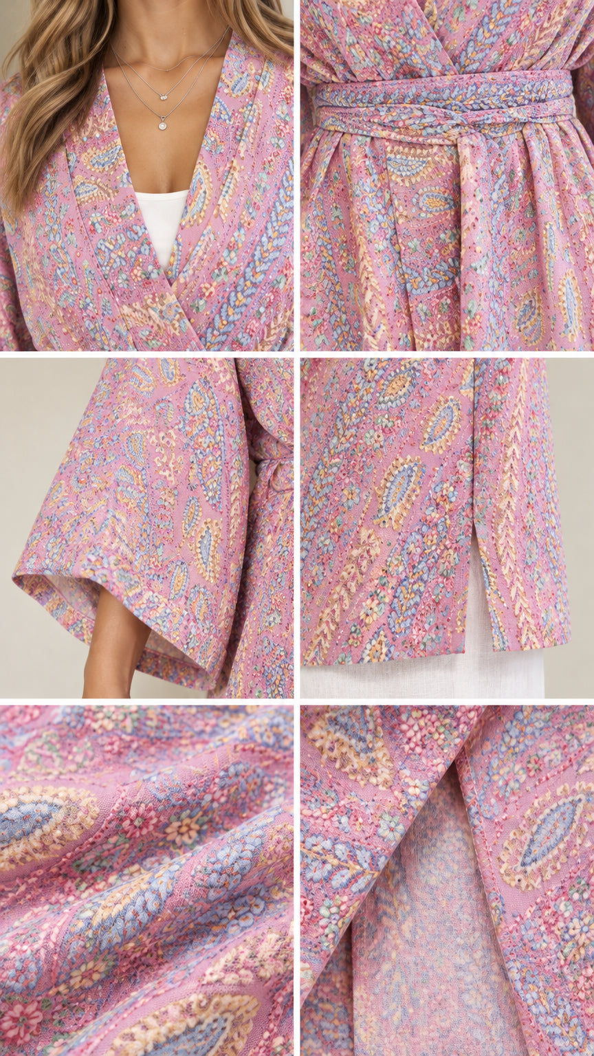 Detailed close-up collage of neckline, tie belt, sleeve hem, and fabric texture