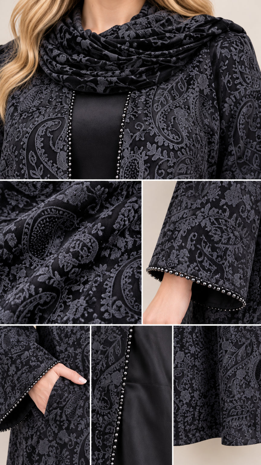 Detailed close-up collage of beaded front trim, cuff beading, and textured paisley jacquard pocket