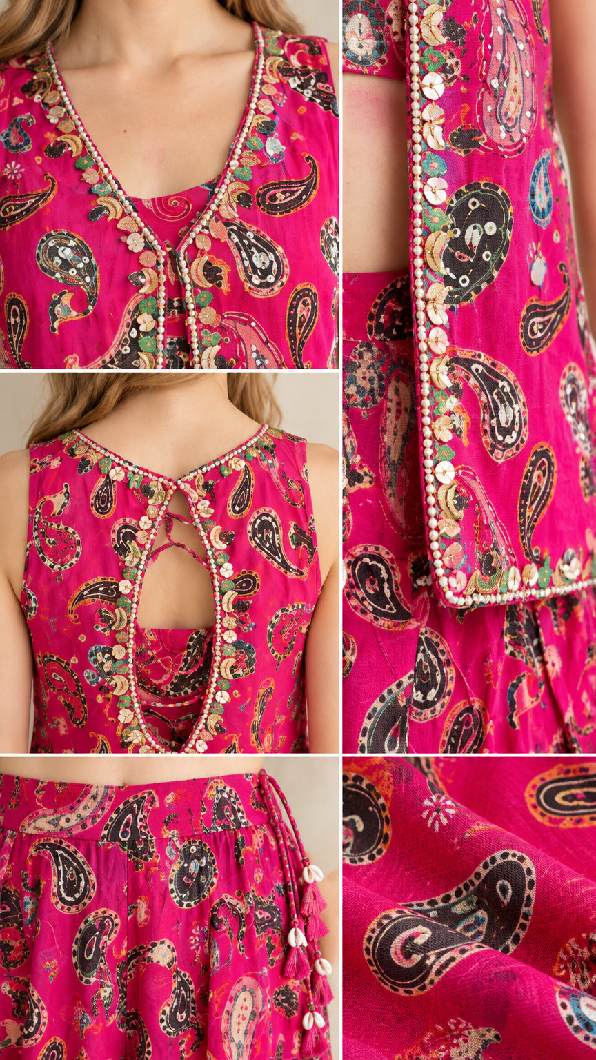 Close-up details of metallic trim, neckline, back keyhole, and waist tassels on magenta paisley set