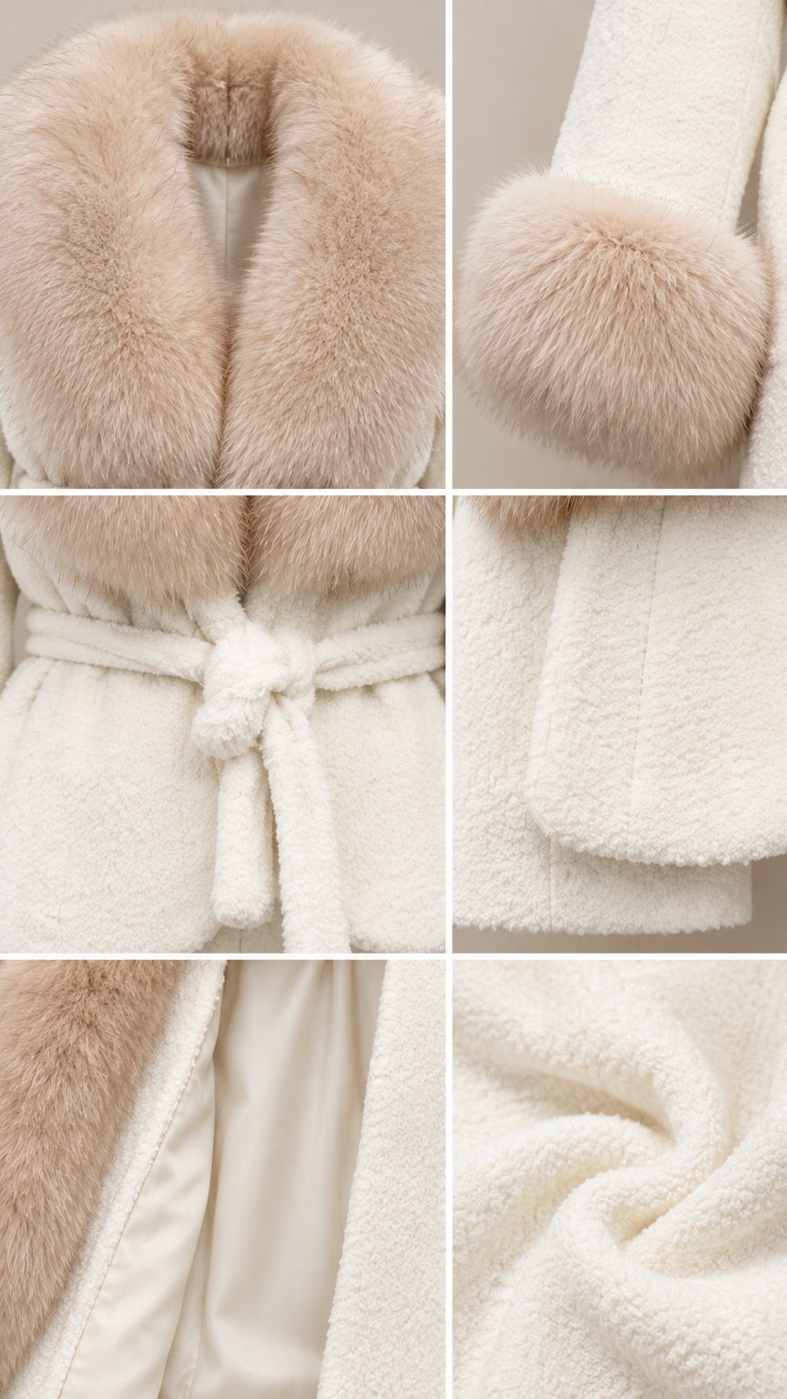 Close-up details of plush faux fur collar, cuffs, tie belt, and fabric texture