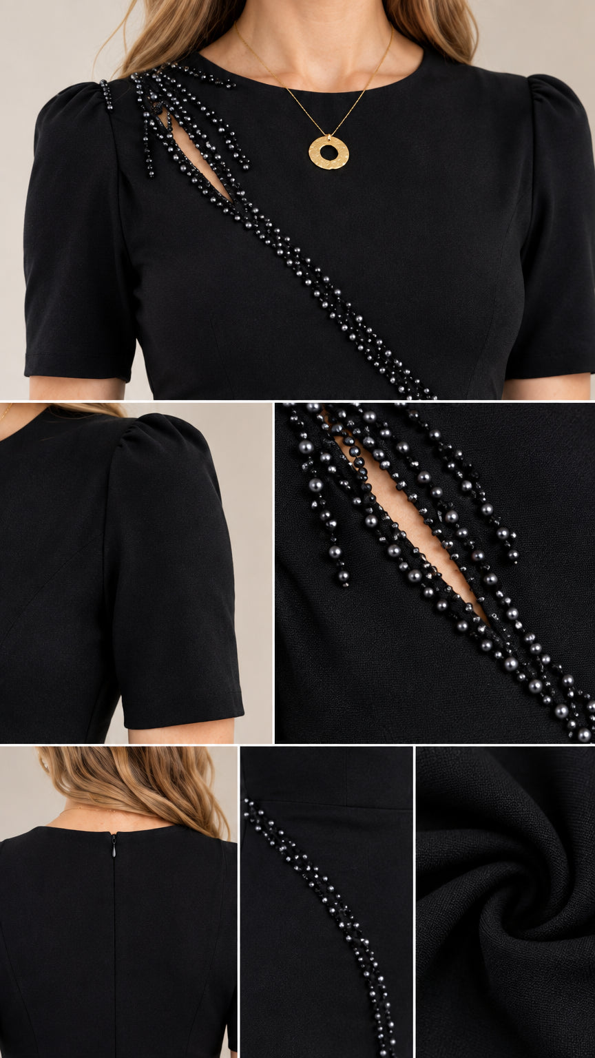 Close-up detail shots showing beaded shoulder cutout, gathered sleeve, and fabric texture