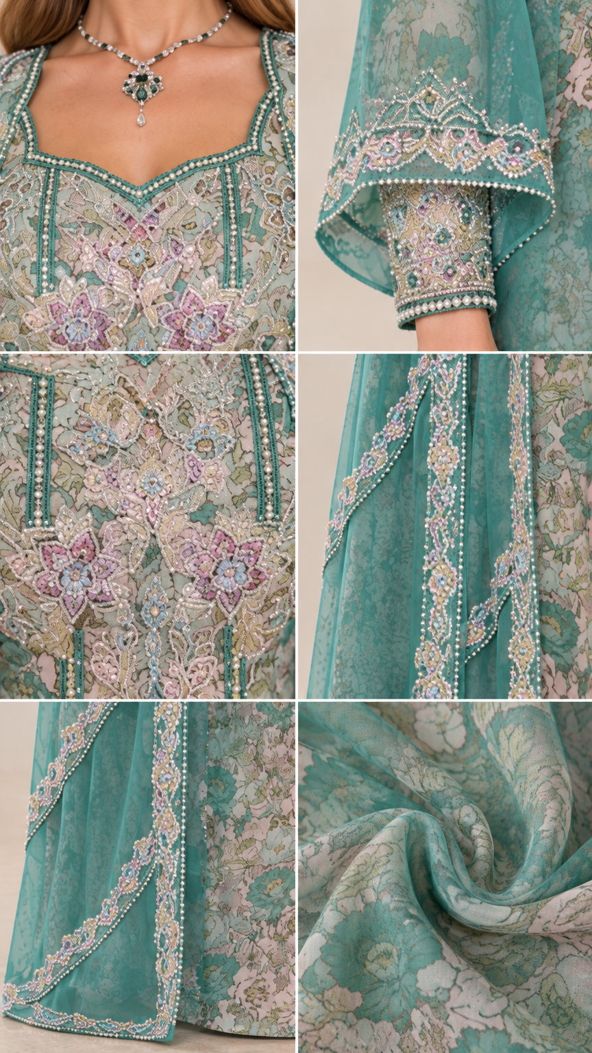 Close-up details of intricate embroidery, beading, and sheer fabric