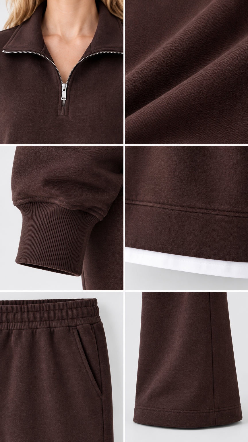 Close-up details of half-zip collar, ribbed cuff, fabric texture, and pant hem in brown