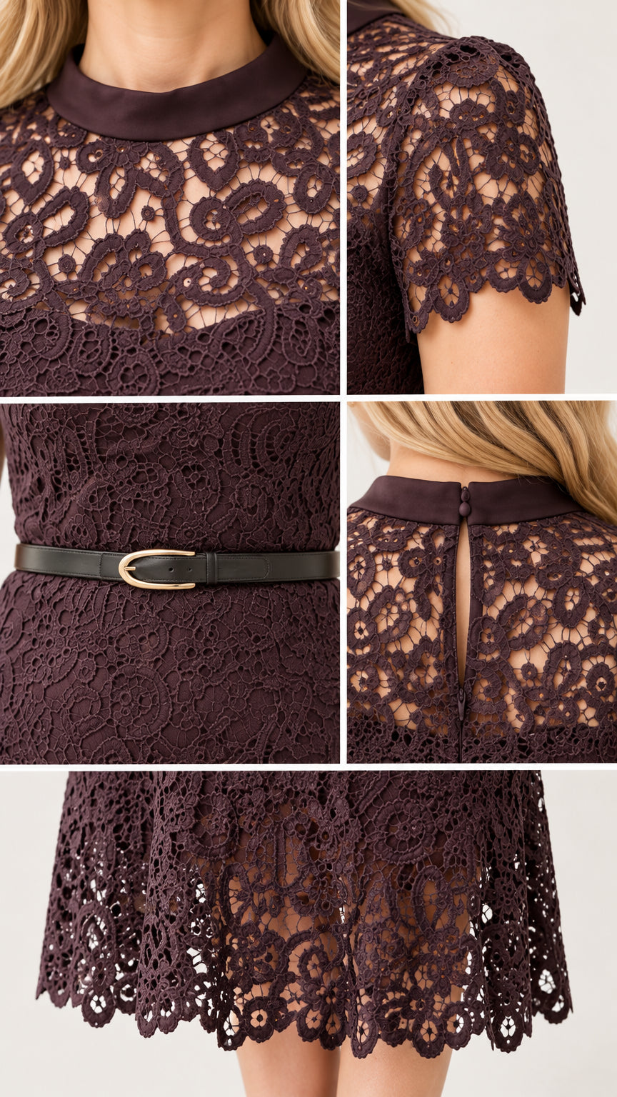 Close-up details of neckline, lace sleeves, belt buckle, and scalloped hem