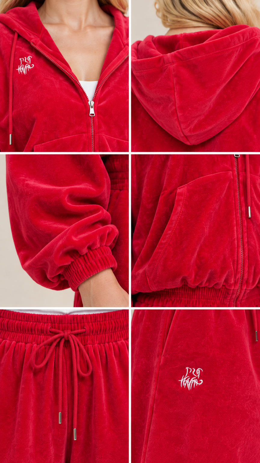 Detailed collage showing zipper, hood, cuff, pocket, and embroidery on red velour tracksuit
