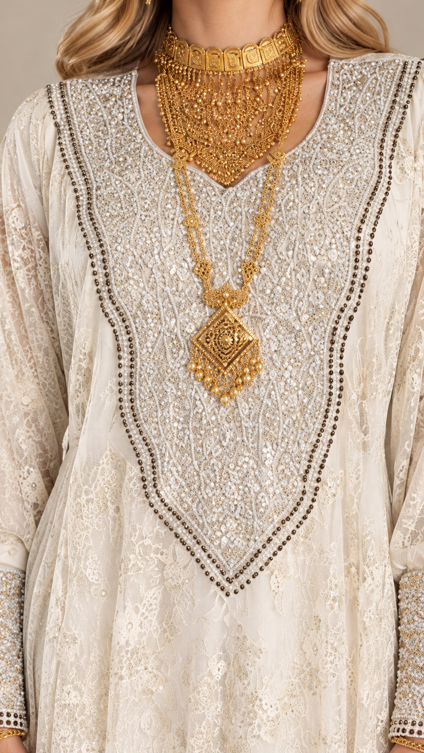 Close-up of intricate embroidered yoke neckline and gold jewelry styling